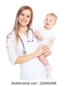 Smiling Woman Doctor Holding Baby On Hands On A White Background