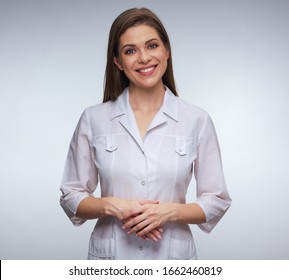 Smiling Woman Doctor In White Uniform Isolated Portrait.