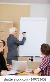 Smiling woman doing a presentation standing at a flipchart with her hand and marker raised to the blank sheet of paper as she turns to smile at her colleagues in the meeting