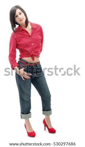 smiling woman, dressed in pin-up style on white background