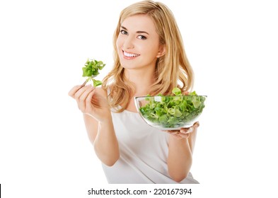 Smiling Woman Eating Healthy Salat