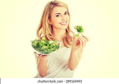 Smiling Woman Eating Healthy Salat