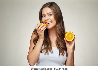 Smiling Woman Eating Orange. Half Fruit. Long Hair.