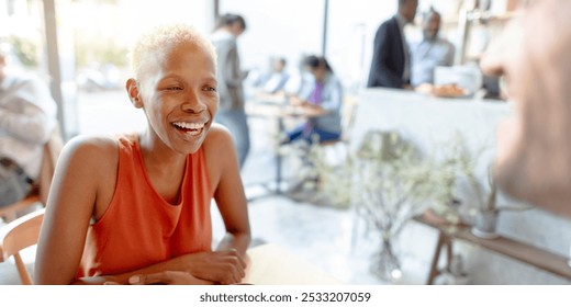 Smiling woman enjoying in conversation socializing at cafe, Women meeting with friend and friendly interaction. Cafe vibe and cheerful atmosphere with people socializing indoor - Powered by Shutterstock