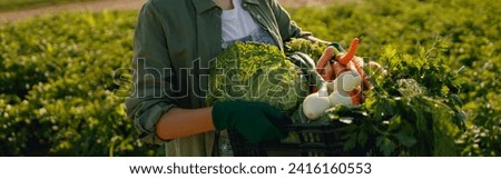 Smiling woman farmer with just harvested vegetables basket ready to sale. Agricultural concept