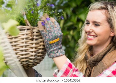 Smiling Woman Fixing A Hanging Flower Basket In A Green House