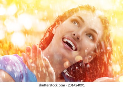 A Smiling Woman Happy Rain