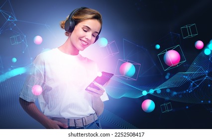 Smiling woman in headphones looking at the phone, hand in pocket. Digital hologram of information fields in metaverse. Concept of virtual reality and mobile app