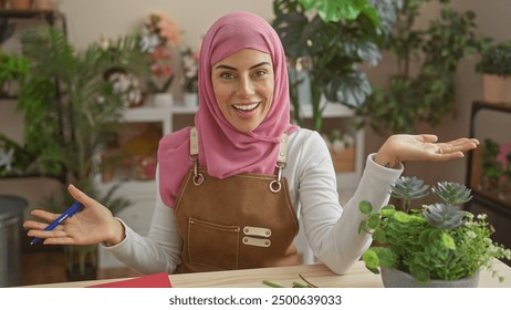 Smiling woman with hijab presenting plants indoors, showcasing diversity and home gardening. - Powered by Shutterstock