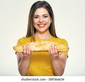 Smiling Woman Holding Baguette Bread. Isolated Portrait.