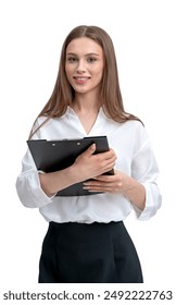 Smiling woman holding a clipboard, dressed in professional attire. Isolated on white. Business and professional concept