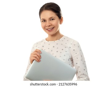 Smiling Woman Holding Closed Laptop Computer