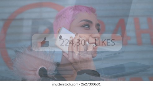 Smiling woman holding smartphone outside closed storefront shutter, displaying like counter overlay. Urban, technology, socialmedia, communication, vibrant, youthful, modern