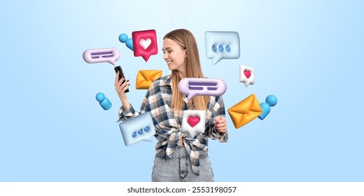 Smiling woman holding a smartphone with vibrant chat bubbles, heart icons, and email symbols floating around on a light blue background. Concept of modern communication and social networking - Powered by Shutterstock