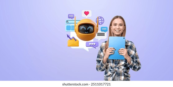 Smiling woman holding tablet, robot icon with web windows, speech bubbles and search bar, social media. Concept of online assistant, internet and machine learning - Powered by Shutterstock