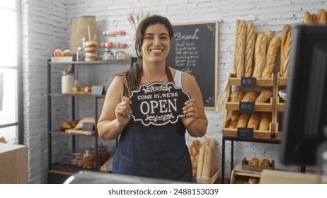 Smiling woman holds open sign in bakery surrounded by bread and pastries indicating the shop is ready for customers - Powered by Shutterstock