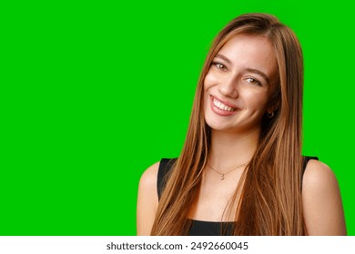 Smiling Woman With Long Brown Hair Against Green Screen Background - Powered by Shutterstock
