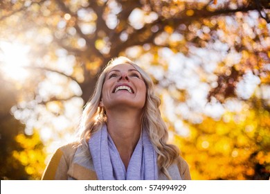 Smiling woman looking up against trees at park during autumn