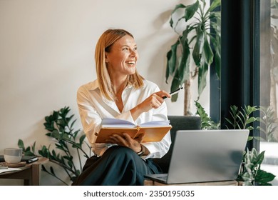Smiling woman manager working on laptop, making notes in cozy coworkign space interior - Powered by Shutterstock