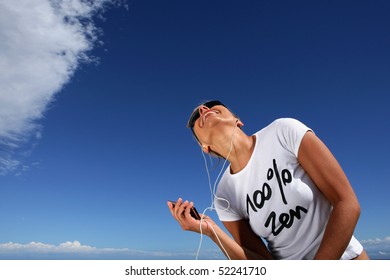 Smiling Woman With Mp3 Walkman And Sunglasses