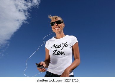 Smiling Woman With Mp3 Walkman And Sunglasses