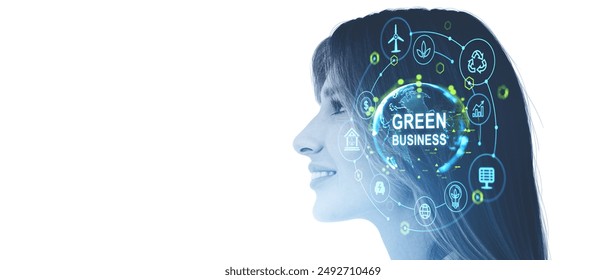 Smiling woman portrait silhouette and earth sphere hologram, eco icons and empty white background. Glowing environmental hud. Concept of green business and technology - Powered by Shutterstock