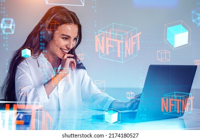 Smiling woman portrait working with laptop, listening to podcast. Digital hologram of nft data blocks and virtual art. Concept of online education and cryptoart