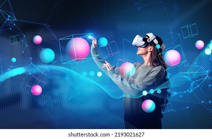 Smiling woman profile in vr glasses finger touching colorful hologram of spheres and blocks, digital lines and connection. Concept of virtual world - Powered by Shutterstock - Get 15% off with code: PIKWIZARD15