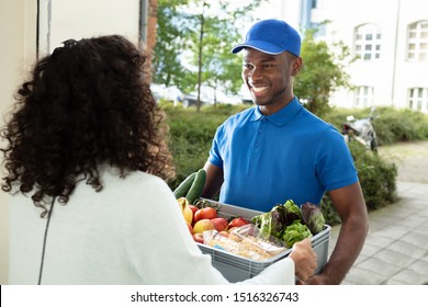 Smiling Woman Receiving Grocery Delivery At Home