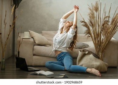 Smiling Woman Relaxes At Home. Remote Work At Home During Quarantine. Distance Learning. Girl Rest, Meditate Relieve Negative Emotions On Weekend. Cozy Morning. Girl With Laptop. Isolation. Freelance