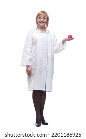 Smiling Woman Scientist With A Laboratory Flask.