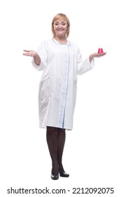 Smiling Woman Scientist With A Laboratory Flask.