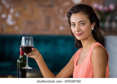 Smiling Woman Sitting Restaurant Holding Glass Stock Photo 459240760 ...