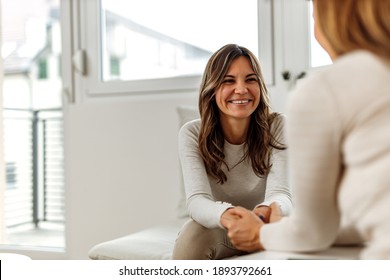 Smiling Woman, Talking To Psychologist, Feeling Positive.