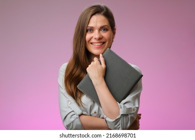 Smiling woman teacher or student girl holding book in front of, isolated female portrait.