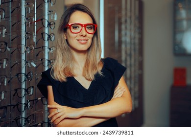 
Smiling Woman Trying on Red Eyeglasses Frames in Optical Store. Beautiful girl feeling beautiful with her new glasses 
 - Powered by Shutterstock