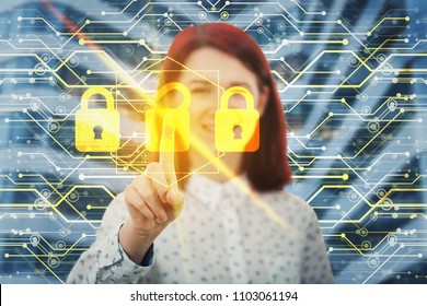 Smiling woman unlocking digital screen interface with her finger. Choose the right padlock from three options. Fingerprint scanning, future security password cyber attack information protection.