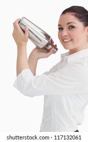 Smiling Woman Using Cocktail Shaker