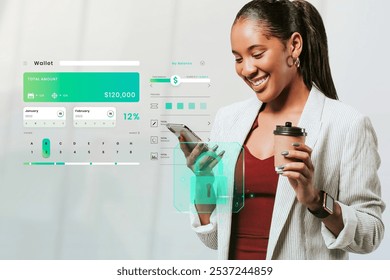 Smiling woman using smartphone, holding coffee. Businesswoman in white blazer, digital interface overlay. Technology, finance, and modern lifestyle concept. Technology and finance application concept. - Powered by Shutterstock