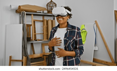 Smiling woman using virtual reality headset in carpentry workshop - Powered by Shutterstock