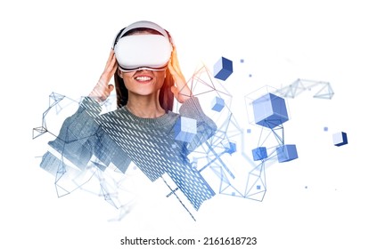 Smiling Woman In Vr Glasses Portrait, White Background. Hologram With Information Fields And City Skyscrapers, Data Blocks In Cyberspace. Concept Of Metaverse And Future