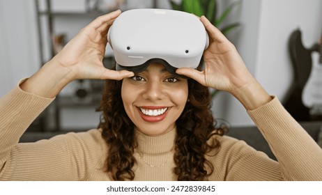 Smiling woman wearing virtual reality headset in modern living room. - Powered by Shutterstock