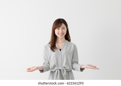 Smiling Woman, Welcome, Open Both Hands