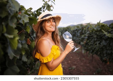 Mujer sonriente con dientes blancos disfrutando de un vaso de vino blanco. Vacaciones de vino, tour, temporada, viñedos, verano, Italia, Francia. Tostado alzando su vaso, espacio para el texto, burlarse