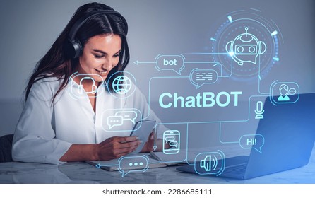 Smiling woman working with phone and chatbot that helps in education and work. Smart AI technology and social network icons. Concept of virtual assistant and artificial intelligence