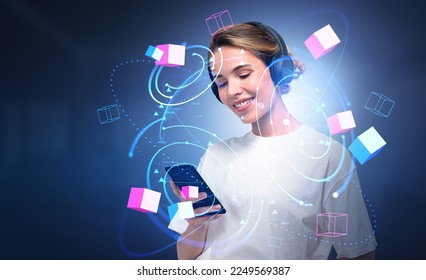 Smiling woman working with smartphone in headphones. Double exposure earth globe and circles hologram with colorful big data blocks. Concept of augmented reality and mobile app - Powered by Shutterstock