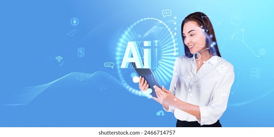 Smiling woman working with tablet, AI glowing circle hologram hud with information processing icons. Concept of artificial intelligence, machine learning and virtual assistant - Powered by Shutterstock