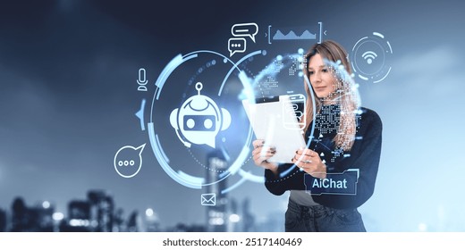 Smiling woman working with tablet, glowing AI chat bot hologram hud, earth globe and digital connection lines. Concept of artificial intelligence, futuristic technology and machine learning