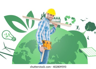 Smiling Worker Carrying Wooden Planks Against Fair Trade Graphic