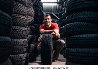 Smiling worker sorting new tires in warehouse. In background car tires on shelves. - Powered by Shutterstock